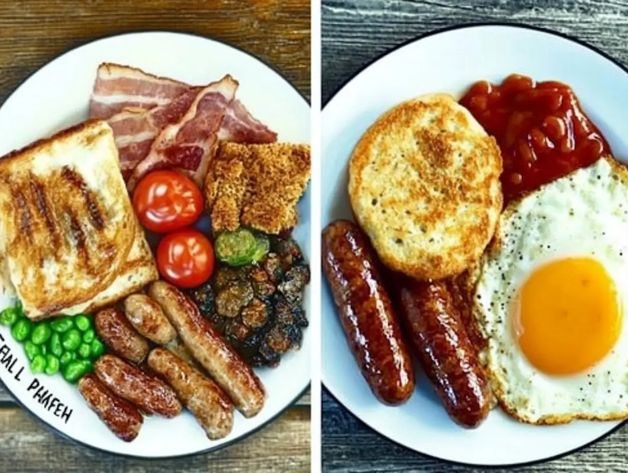 Full English breakfast with crispy bacon, fried eggs, sausages, baked beans, grilled tomatoes, and toast on a rustic table.