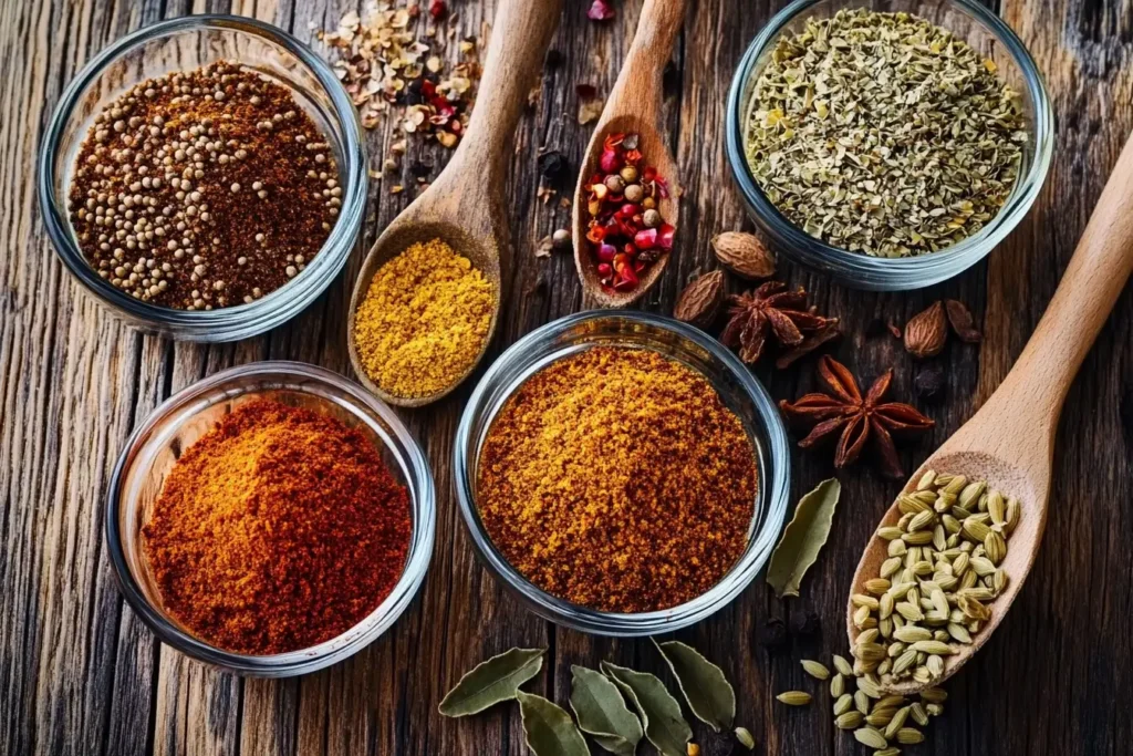 Colorful assortment of spices and herbs in bowls and spoons, perfect for seasoning fish.