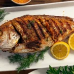 Whole roasted fish seasoned with spices and fresh herbs, served with grilled lemon on a white platter