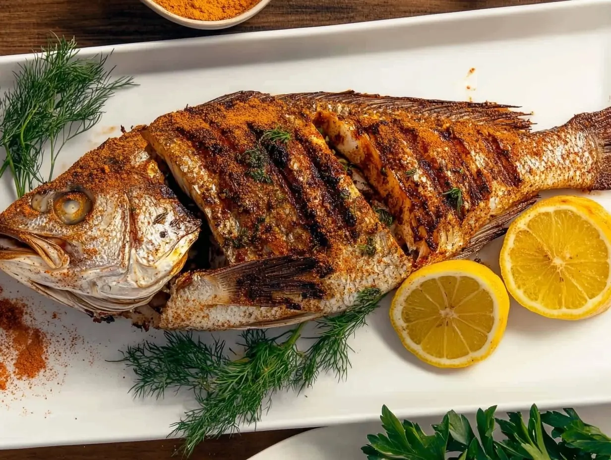 Whole roasted fish seasoned with spices and fresh herbs, served with grilled lemon on a white platter