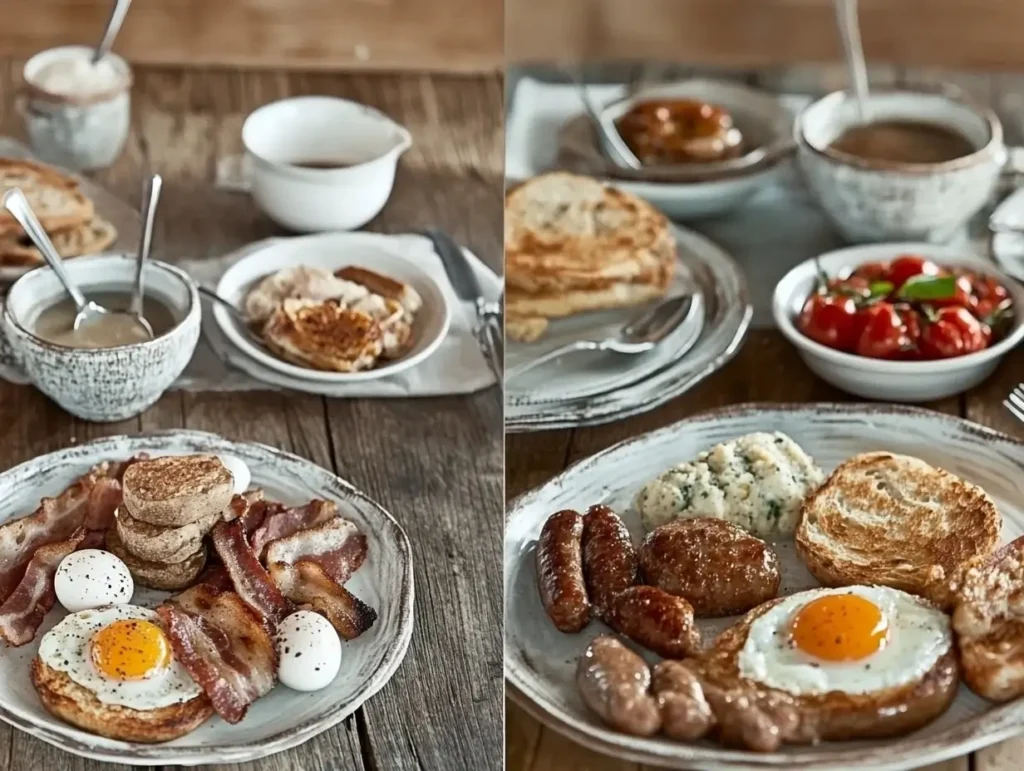 Full Scottish breakfast with Lorne sausage, black pudding, fried eggs, haggis, and potato scones on a rustic table