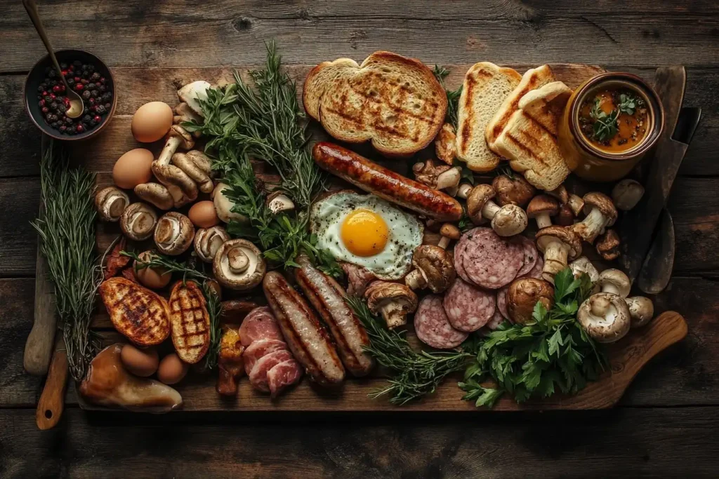 Top-down view of a traditional English breakfast platter showcasing various mushrooms, eggs, sausages, and toast, styled on a rustic wooden table with natural lighting and vibrant colors.