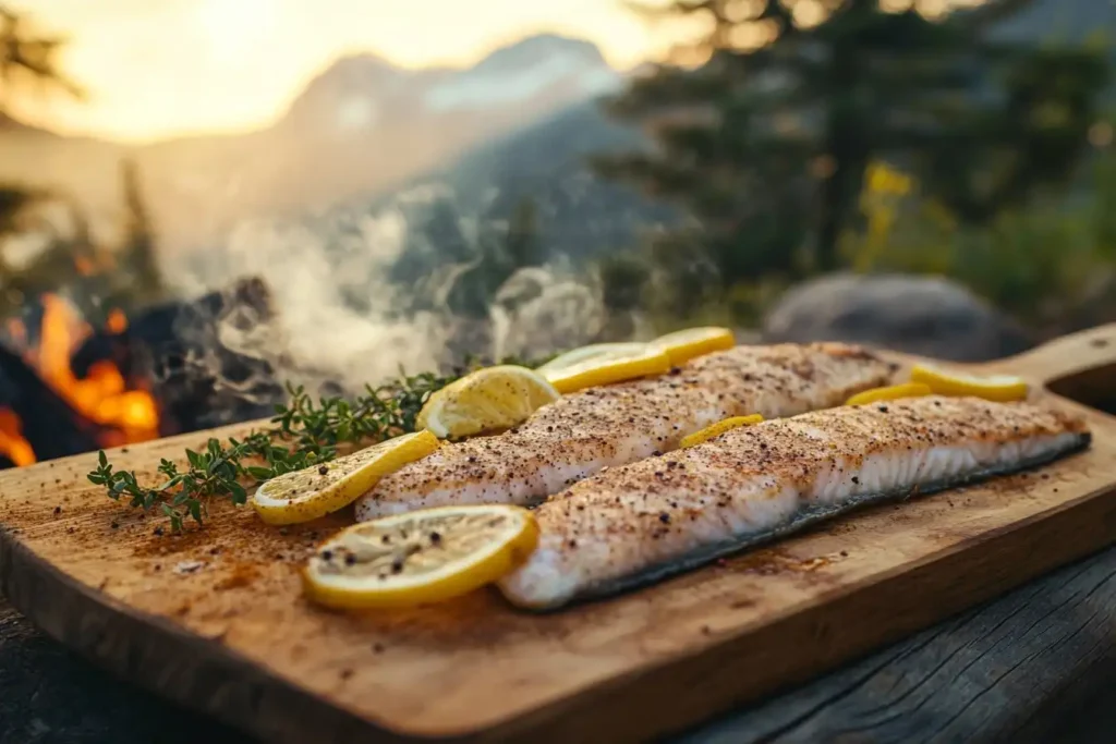 Fish fillets covered in hillbilly seasoning, laid on a rugged wooden cutting board by a campfire, with mountain scenery in the background and smoke swirling in warm evening light.