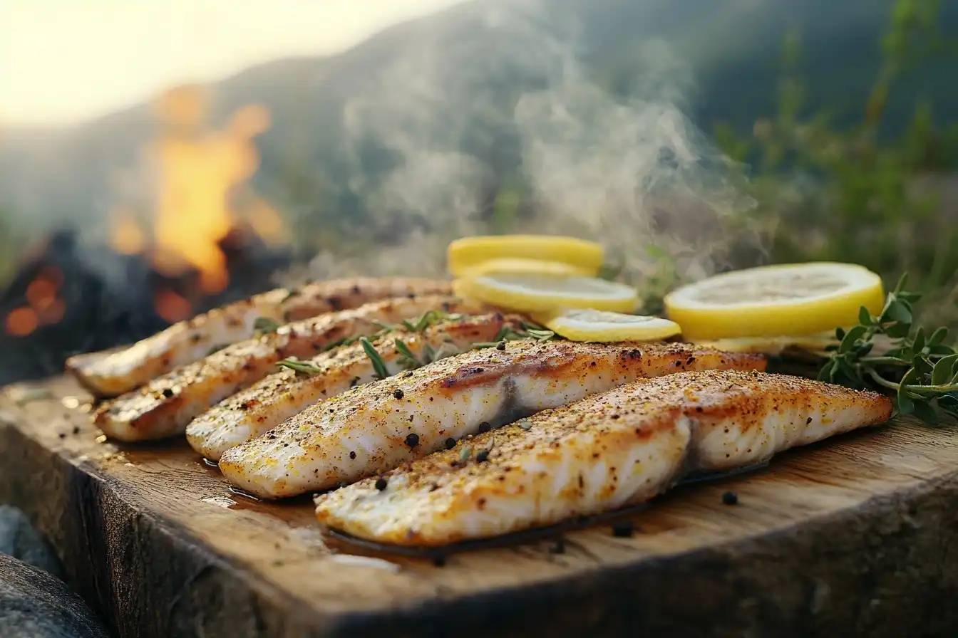 Fish fillets prepared with authentic hillbilly seasoning, resting on a rugged wooden surface near a campfire, smoke swirling in the warm, golden light of an Appalachian sunset.