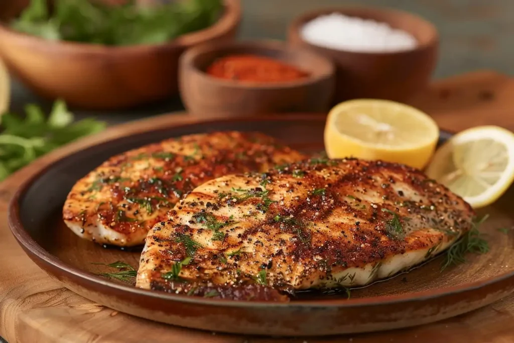 Perfectly seasoned fish with a variety of herbs, lemon slices, and spices, showcasing the best seasoning options to enhance fish flavors.

