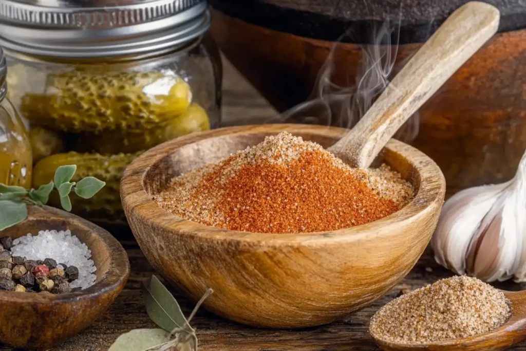 A rustic outdoor lunch table filled with a variety of Southern dishes, including grilled fish, roasted chicken, and smoked meats, surrounded by Alabama seasoning ingredients like smoked paprika, cayenne pepper, and fresh herbs.