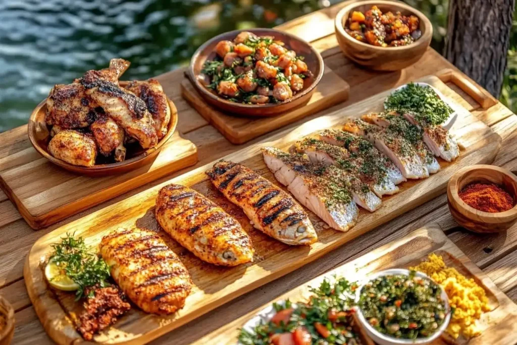 A rustic outdoor lunch table brimming with Southern dishes like grilled fish, roasted chicken, and smoked meats, surrounded by Alabama seasoning ingredients such as smoked paprika, cayenne pepper, garlic powder, and fresh herbs, under dappled sunlight