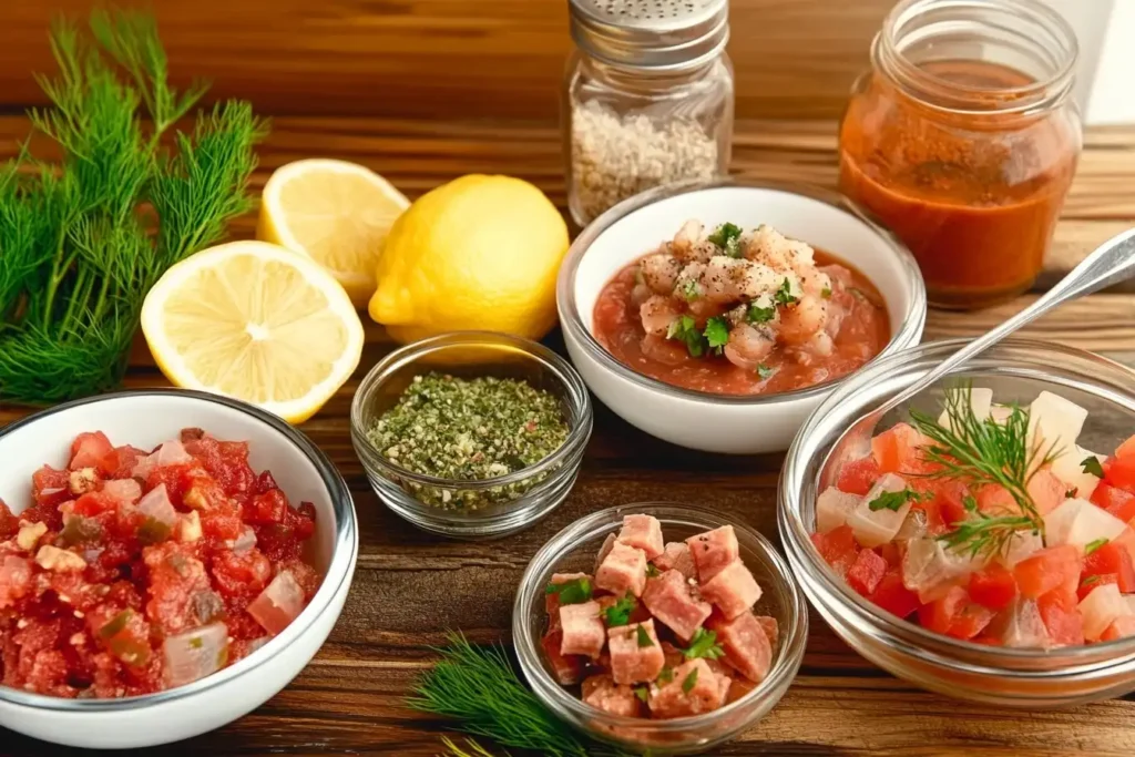 Plant-based seafood ingredients like lemons, dill, miso paste, smoked paprika, nori seaweed, vegan ceviche, and tomato-based stew on a rustic table.