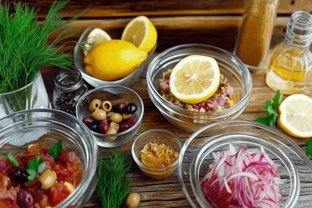 Seasonings that make food taste like fish, including nori seaweed, miso paste, soy sauce, smoked paprika, dill, lemon, fennel, and vegan ceviche with hearts of palm, displayed on a rustic wooden table.