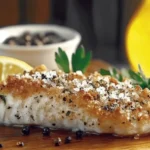 Crispy, seasoned fish filet with coarse salt, pepper, fresh parsley, and lemon slices, highlighting techniques to make seasoning stick.