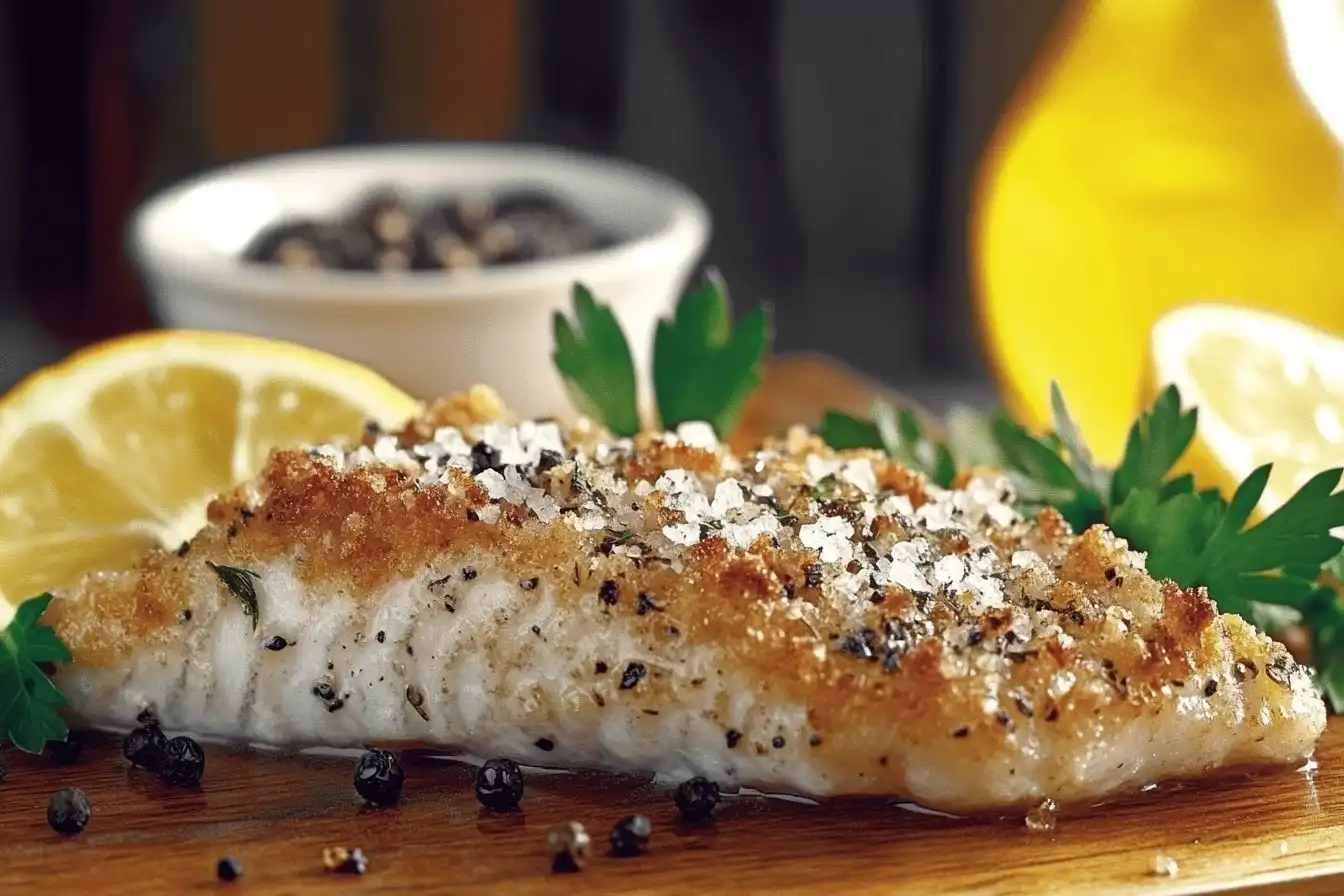 Crispy, seasoned fish filet with coarse salt, pepper, fresh parsley, and lemon slices, highlighting techniques to make seasoning stick.