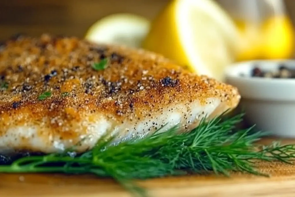 Golden, seasoned fish filet on fresh dill with lemon slices, showcasing how to get fish seasoning to stick for a crispy, flavorful finish.