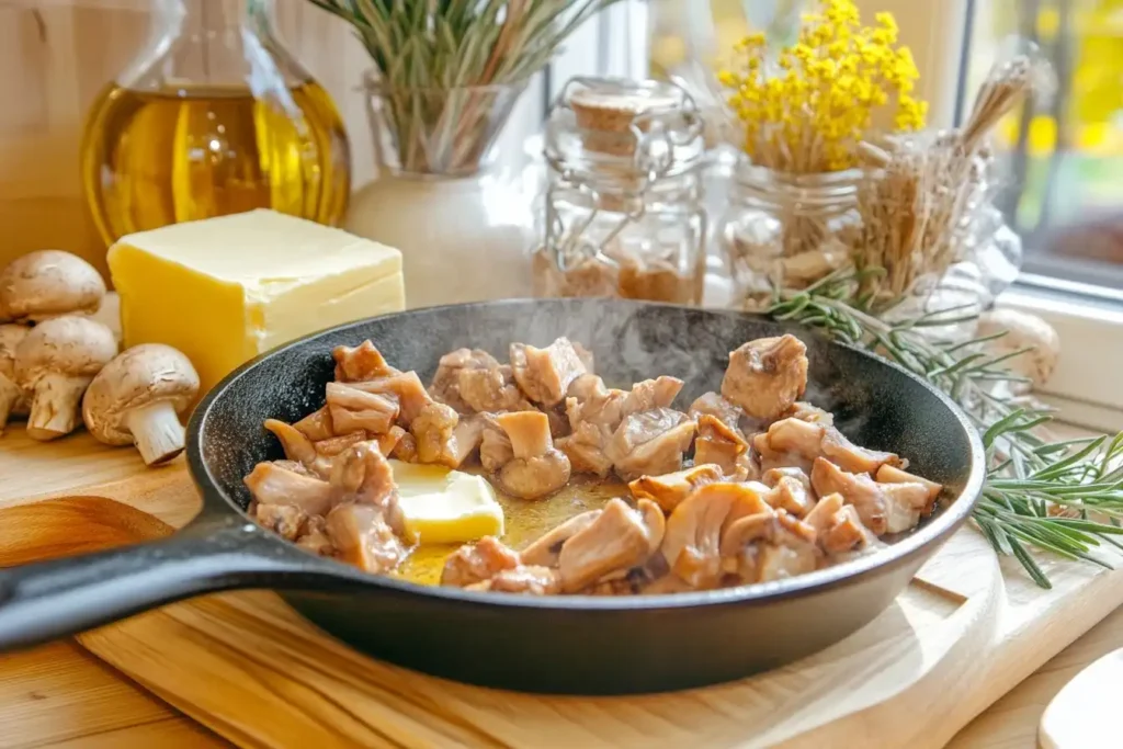 Cast iron skillet with caramelized mushrooms, butter melting on one side and oil sizzling on the other, surrounded by fresh herbs and cooking ingredients.