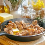 Cast iron skillet with caramelized mushrooms, butter melting on one side and oil sizzling on the other, surrounded by fresh herbs and cooking ingredients.