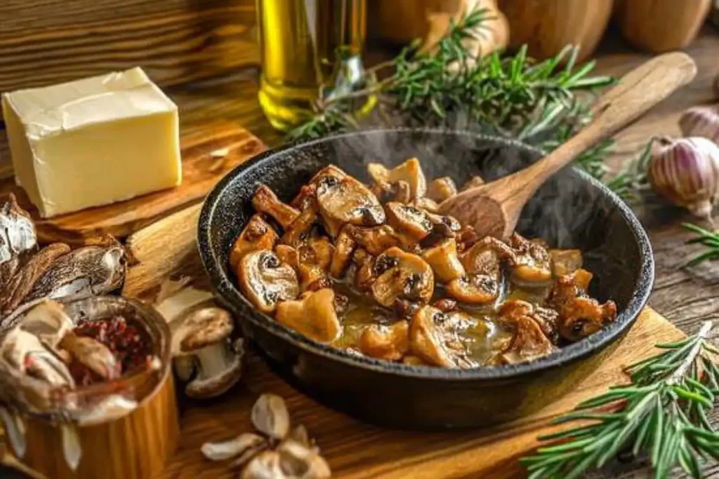 Cast iron skillet with golden-brown sautéed mushrooms, melting butter on one side and sizzling oil on the other, surrounded by fresh herbs.