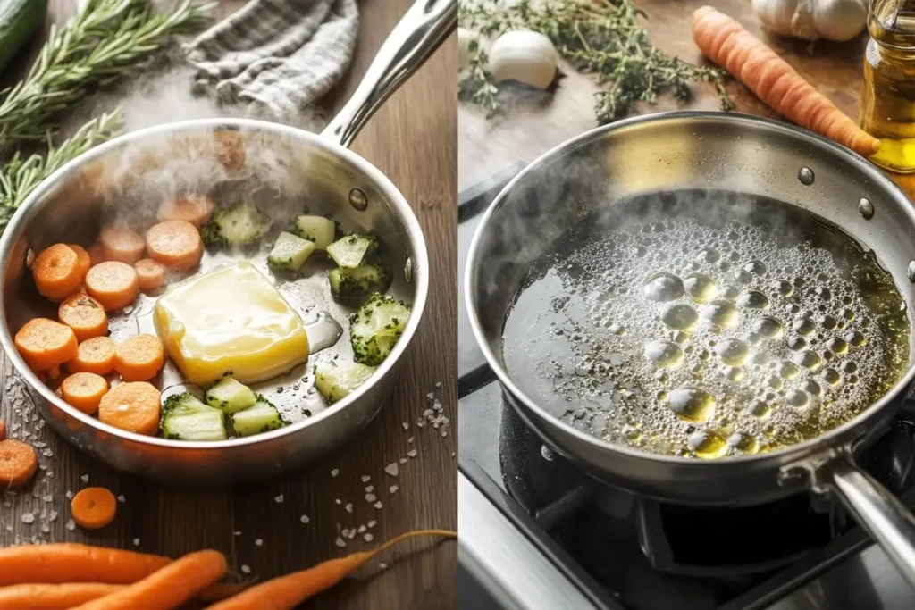 A warm kitchen setting with a sizzling pan on a stovetop, divided into two parts: golden butter melting with rising steam on one half and shimmering oil droplets on the other. Fresh vegetables and herbs are scattered around, creating an inviting culinary atmosphere.