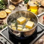 A sizzling pan on a stovetop, divided into two sections: one side features melting golden butter with steam rising, while the other shows glistening oil droplets shimmering in the heat. Colorful vegetables, herbs, and spices are scattered around the pan in a vibrant kitchen scene.