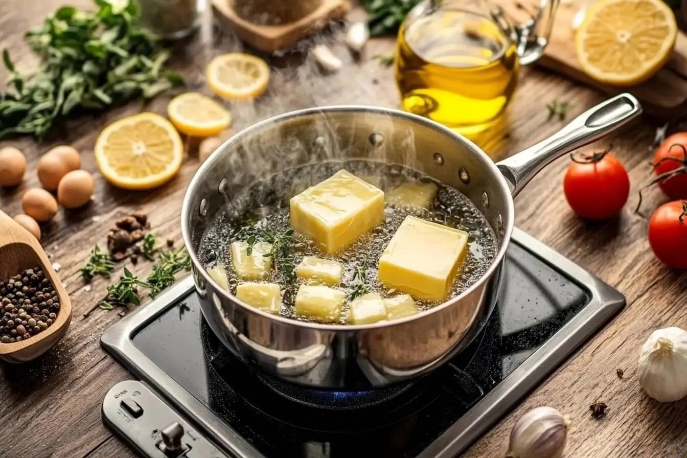 A sizzling pan on a stovetop, divided into two sections: one side features melting golden butter with steam rising, while the other shows glistening oil droplets shimmering in the heat. Colorful vegetables, herbs, and spices are scattered around the pan in a vibrant kitchen scene.