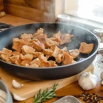 Golden-brown mushrooms sautéing in oil in a cast iron skillet, surrounded by fresh thyme and a stream of oil being poured, creating a warm and inviting cooking scene.