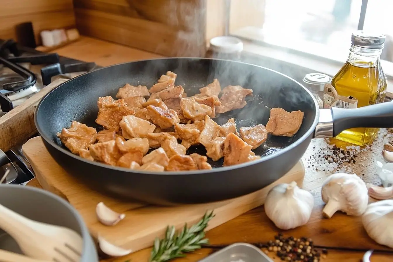 Golden-brown mushrooms sautéing in oil in a cast iron skillet, surrounded by fresh thyme and a stream of oil being poured, creating a warm and inviting cooking scene.