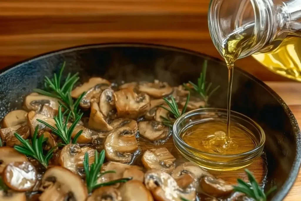 A skillet filled with rich, caramelized mushrooms sizzling in oil, accompanied by fresh thyme and a bottle of olive oil, capturing the essence of expert mushroom sautéing.