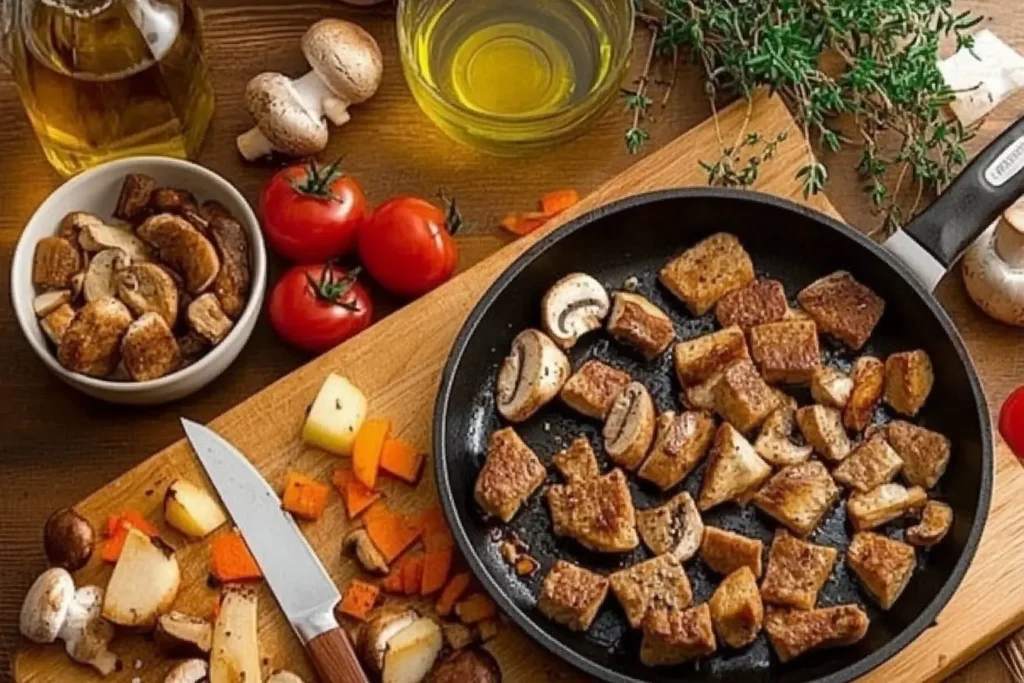 An assortment of mushrooms being prepared in a rustic kitchen with a skillet, herbs, and olive oil, showcasing the best way to cook mushrooms.