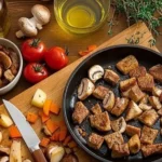 An assortment of mushrooms being prepared in a rustic kitchen with a skillet, herbs, and olive oil, showcasing the best way to cook mushrooms.