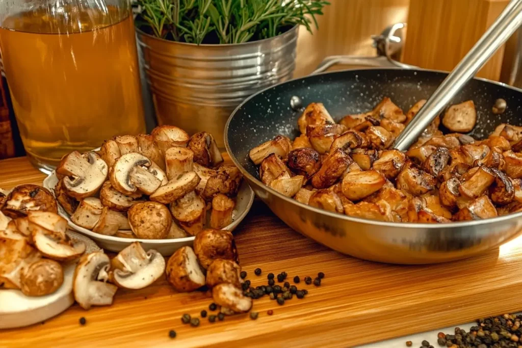 Golden-brown sautéed mushrooms with herbs and olive oil in a rustic kitchen setting, highlighting the best cooking methods for mushrooms. 