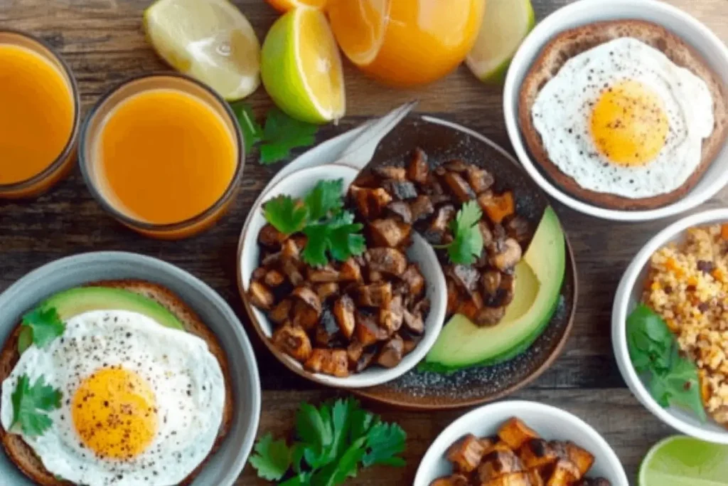 Healthy breakfast dishes featuring mushrooms: omelet, toast, and grain bowl