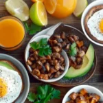 Healthy breakfast dishes featuring mushrooms: omelet, toast, and grain bowl