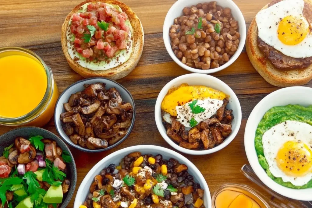 Mushroom-based breakfast spread with sautéed mushrooms, avocado toast, and poached eggs.