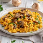 A white plate of scrambled eggs mixed with sautéed mushrooms, garnished with parsley, on a wooden table.