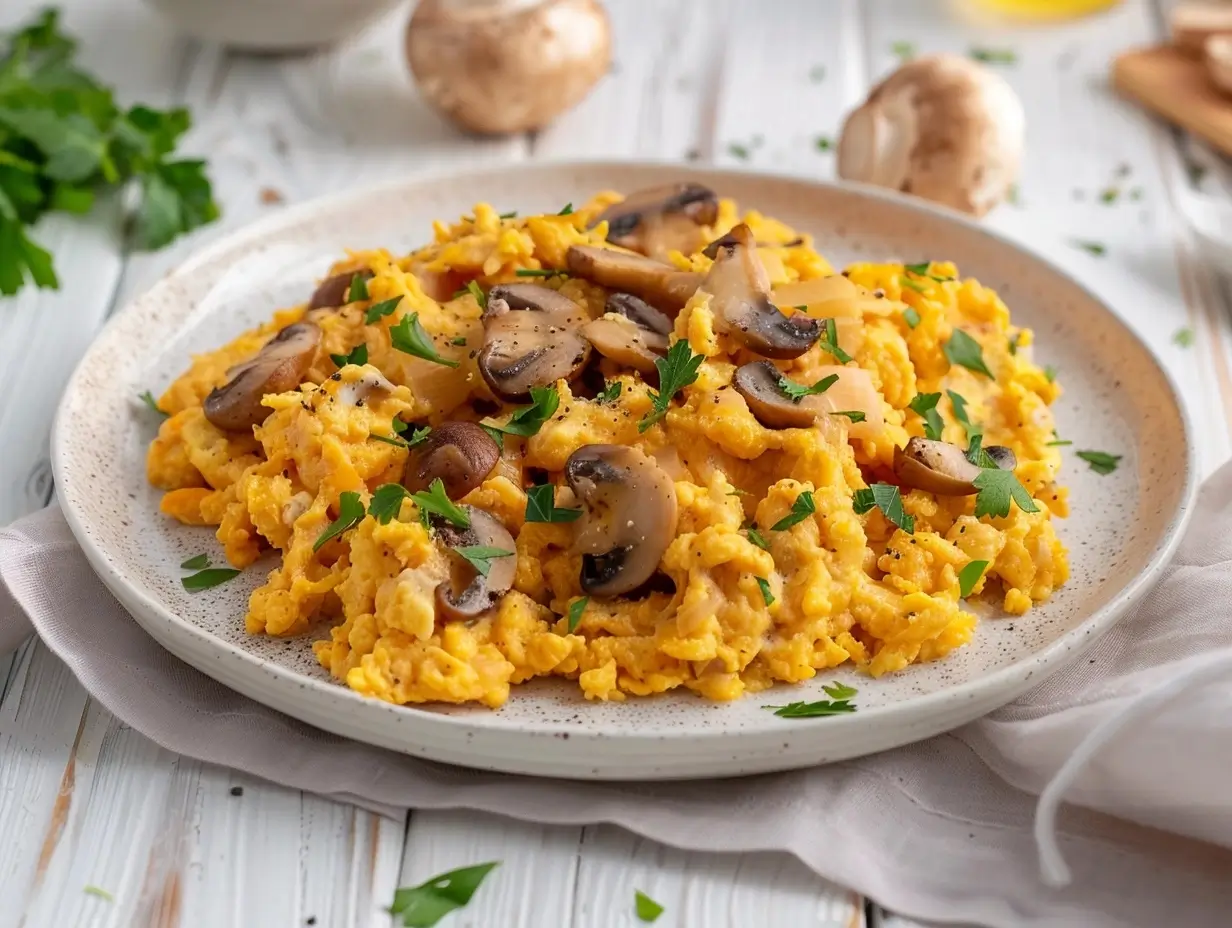 A white plate of scrambled eggs mixed with sautéed mushrooms, garnished with parsley, on a wooden table.