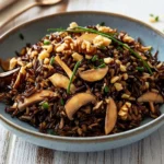 A bowl of wild rice salad topped with sautéed mushrooms, walnuts, and chives, served in a blue ceramic dish on a rustic white wooden table, perfect for a healthy and nutritious meal.