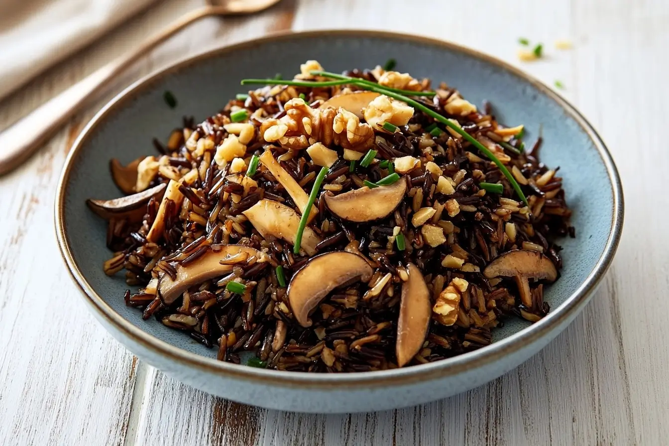 A bowl of wild rice salad topped with sautéed mushrooms, walnuts, and chives, served in a blue ceramic dish on a rustic white wooden table, perfect for a healthy and nutritious meal.