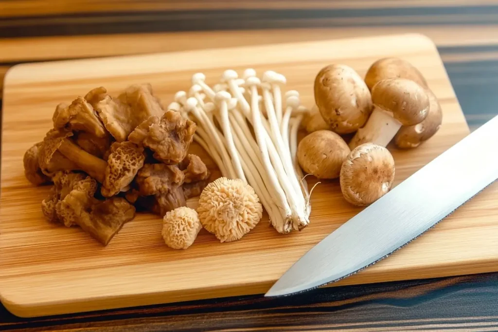 Assorted mushrooms, including king oyster and shimeji, displayed on a cutting board with a knife.