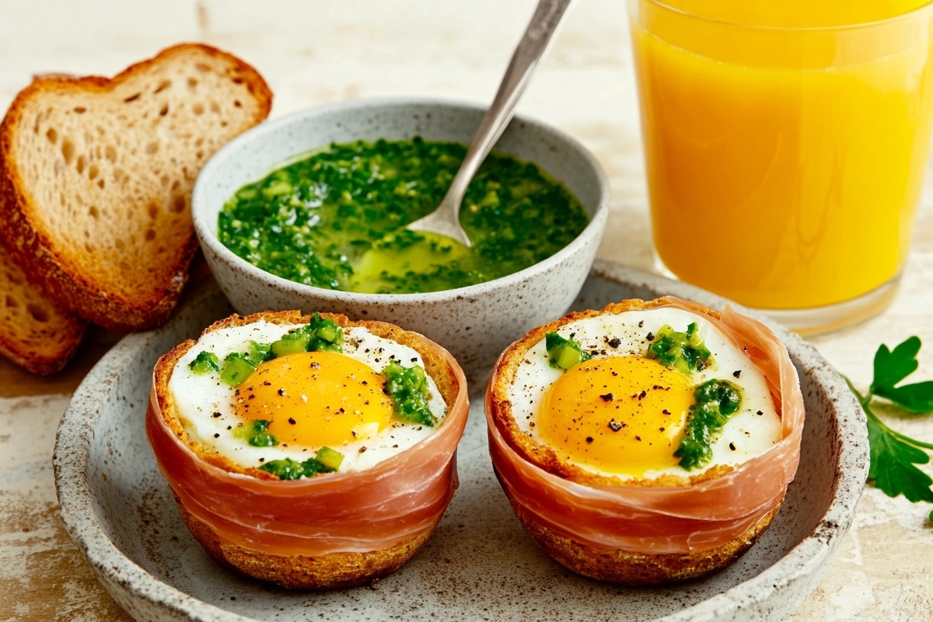 Three prosciutto-wrapped egg cups filled with baked eggs and topped with a vibrant green herb sauce, accompanied by bread slices and a bowl of herb sauce.