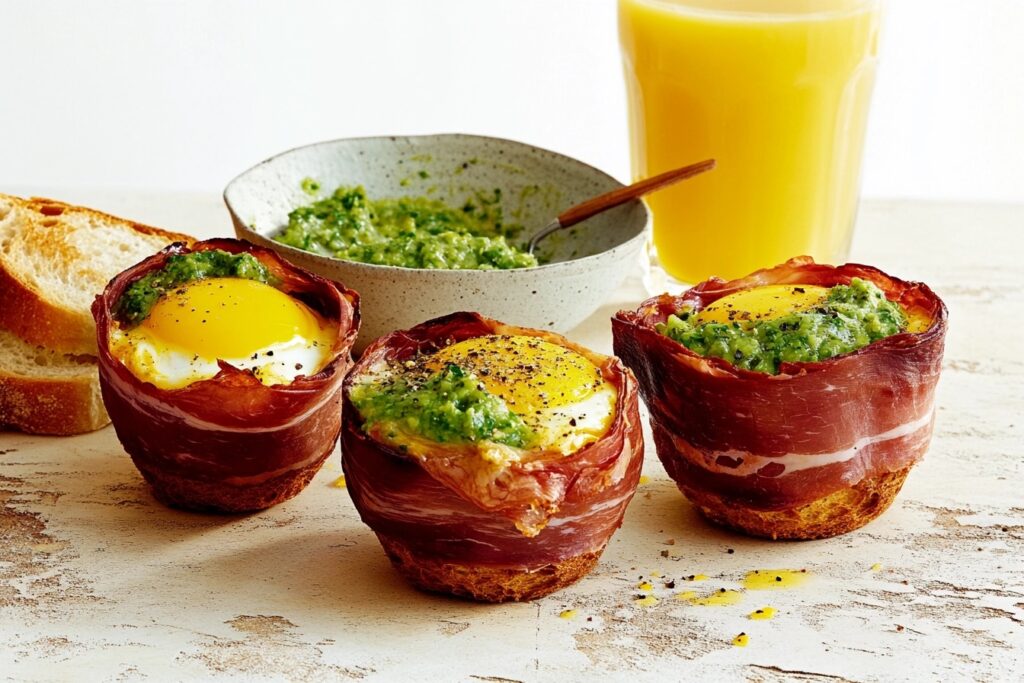 Two prosciutto-wrapped egg cups topped with herb sauce on a plate alongside a slice of bread, a bowl of herb sauce, and a glass of orange juice.