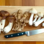 A variety of mushrooms including enoki, morel, and button mushrooms on a cutting board with a knife.