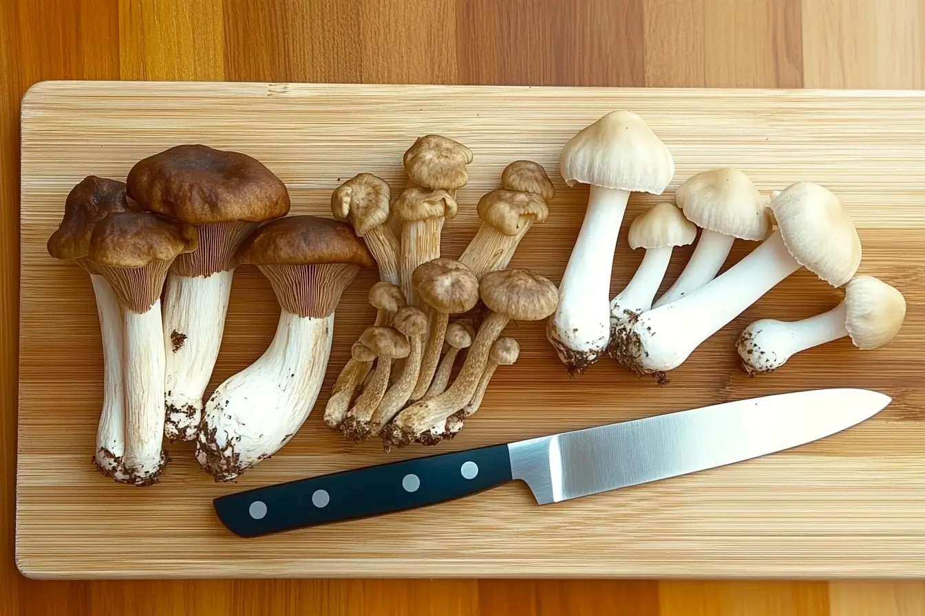 A variety of mushrooms including enoki, morel, and button mushrooms on a cutting board with a knife.