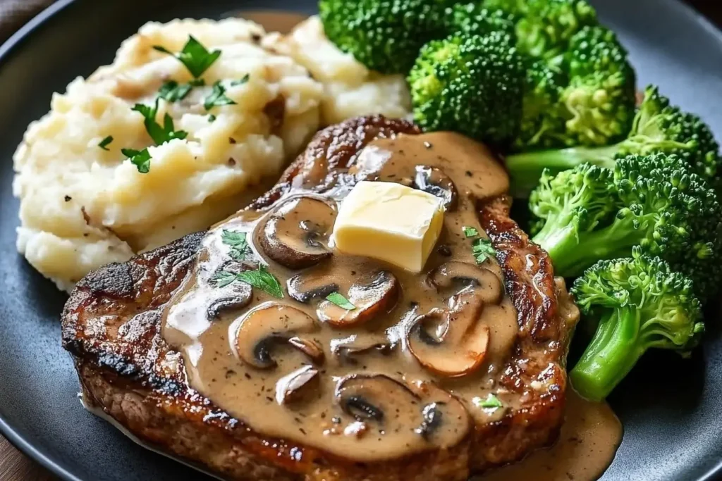 Juicy steak with creamy mushroom sauce, butter, mashed potatoes, and broccoli.