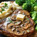 Grilled steak topped with mushroom sauce, served with mashed potatoes and broccoli.