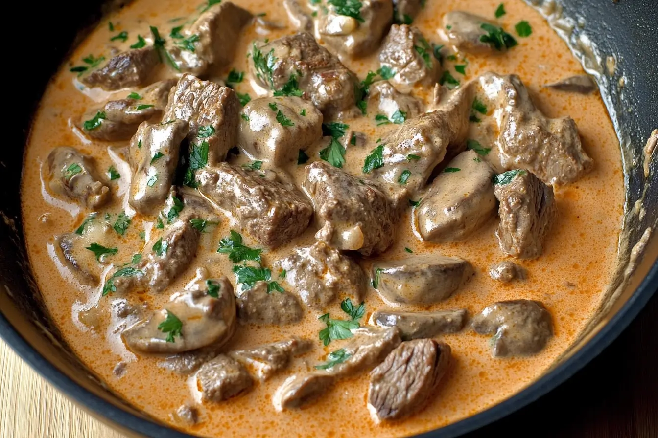 Beef Stroganoff with Mushrooms in Creamy Tomato Sauce