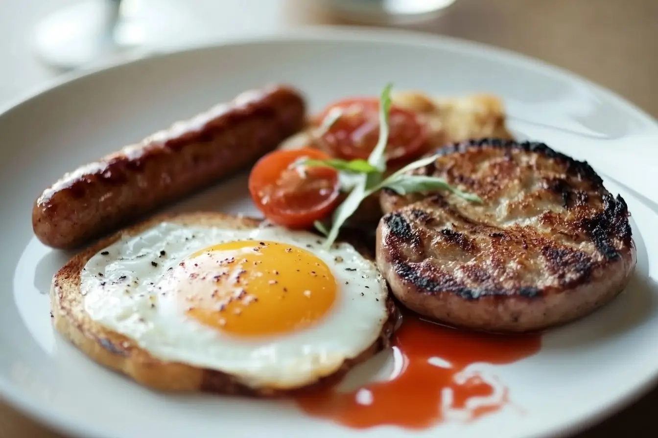 Traditional English breakfast with sausage, egg, grilled tomato, and potato pancake.