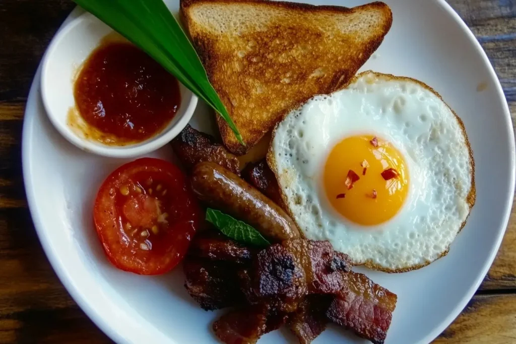 Delicious breakfast plate with sunny-side-up egg, toast, tomato and sausage.