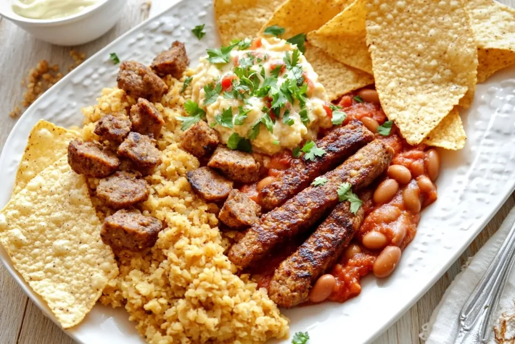 Traditional English breakfast with sausages, rice, beans, and tortilla chips.