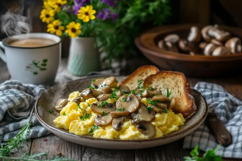 Is mushroom good for breakfast? A delicious breakfast plate with scrambled eggs and sautéed mushrooms, served with toast and coffee in a cozy setting.