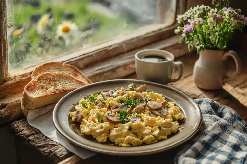 Healthy breakfast with mushrooms: a plate of scrambled eggs and sautéed mushrooms on a rustic table, served with toast and a cup of coffee.