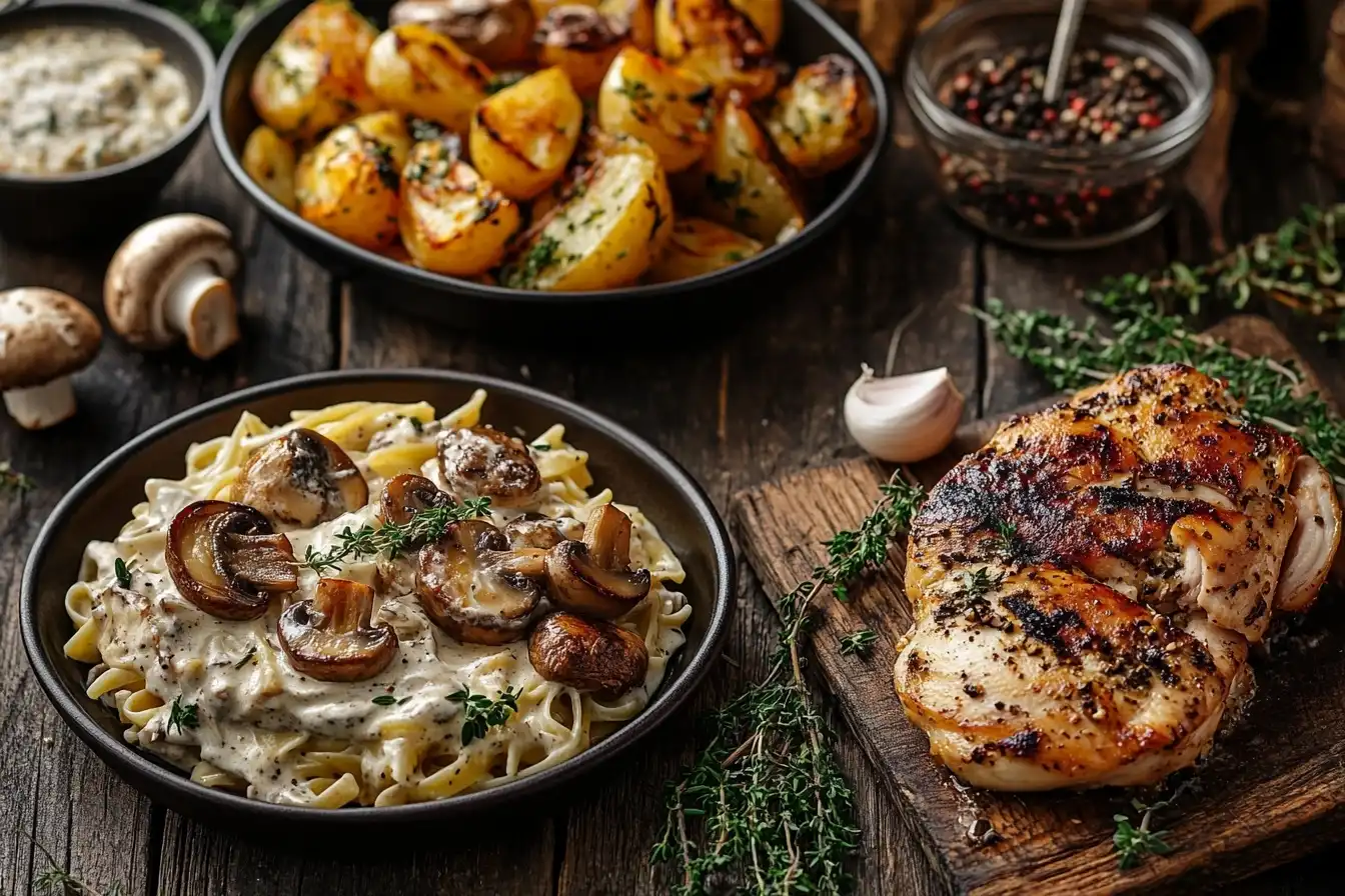 High-angle view of a cozy kitchen counter with fresh mushrooms, chopped herbs, garlic, and rustic cooking utensils, ready for preparation with warm natural light.