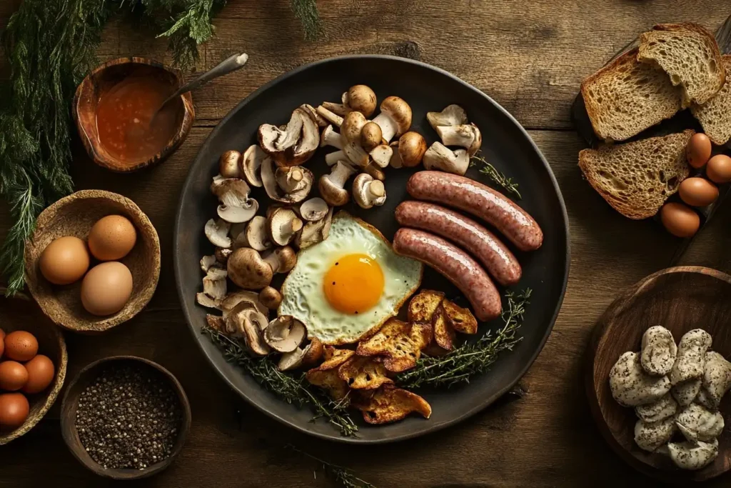 A beautifully presented English breakfast featuring sizzling mushrooms, eggs sunny side up, crispy bacon, baked beans, grilled tomatoes, and buttered toast, arranged on a rustic wooden table with warm morning light.